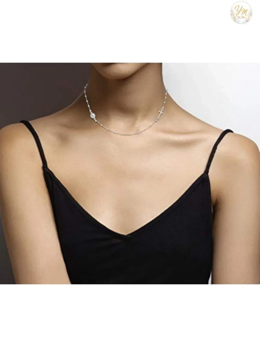 Sterling Silver Rosary Cross Necklace for Women, Dainty Italian Chain